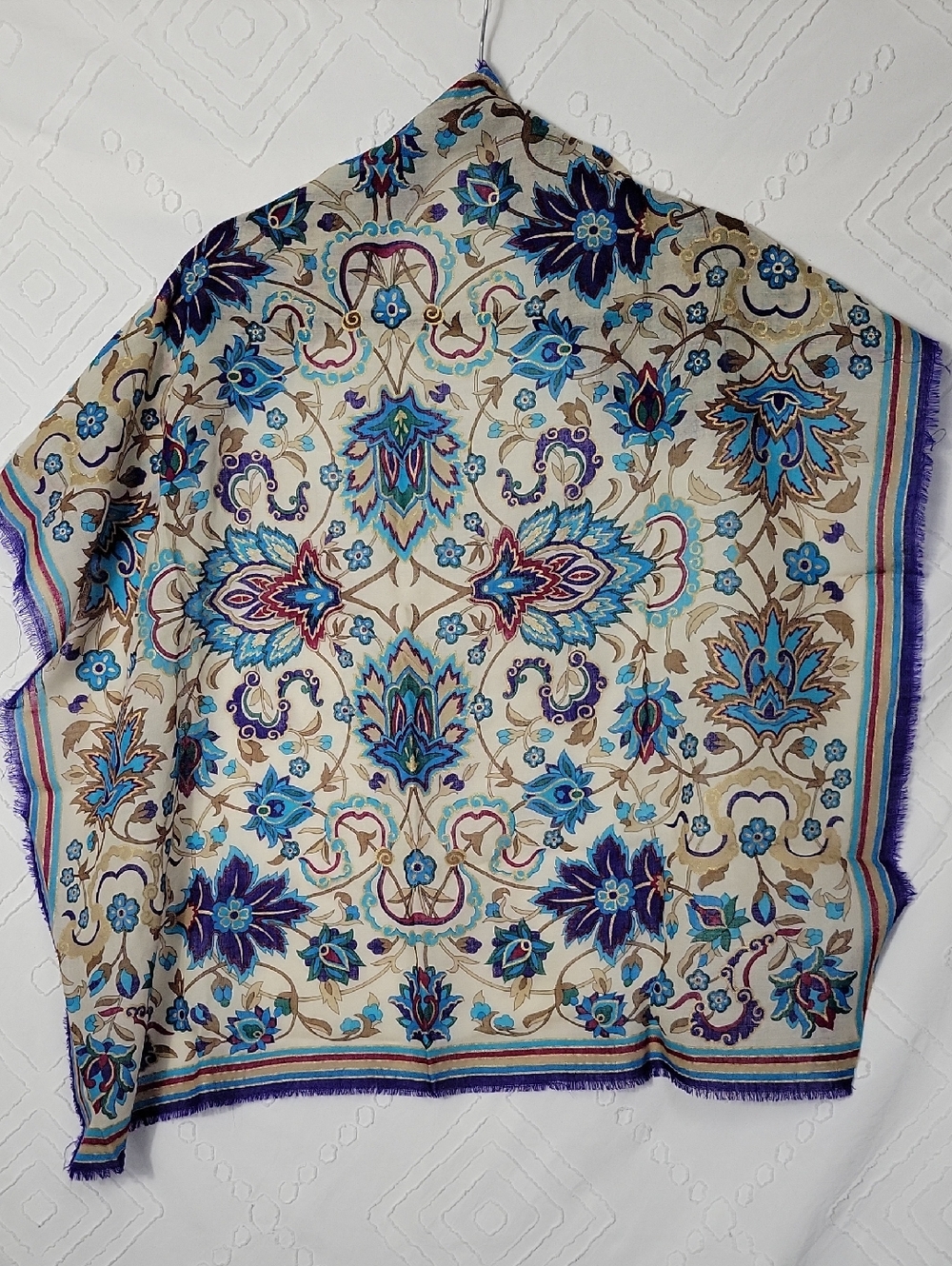 Floral Boho Printed Shawl Scarf in Cream and Blue